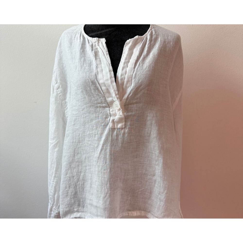 Zara Women XXL White 100% Linen Long Sleeve Henley Blouse Relaxed Fit Top